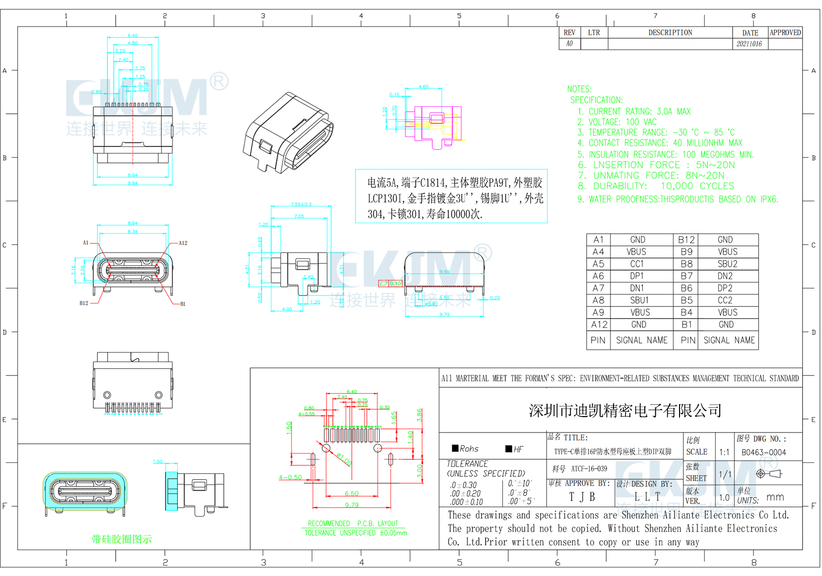 TYPE C 16P板上兩腳 TYPE C 16P板上兩腳